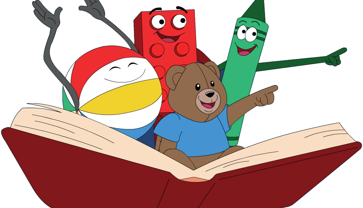 Beach Ball, Block, Teddy and Crayon reading an open book