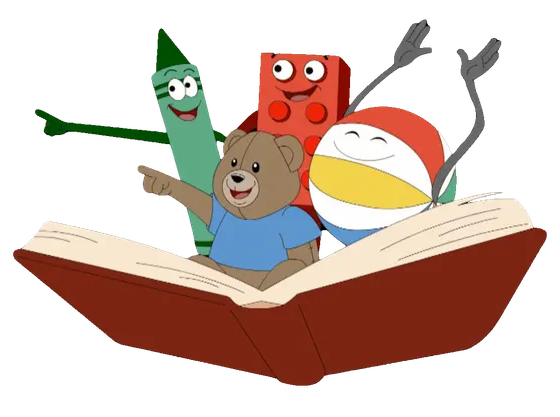 Beach Ball, Block, Bear and Crayon flying out of an open book