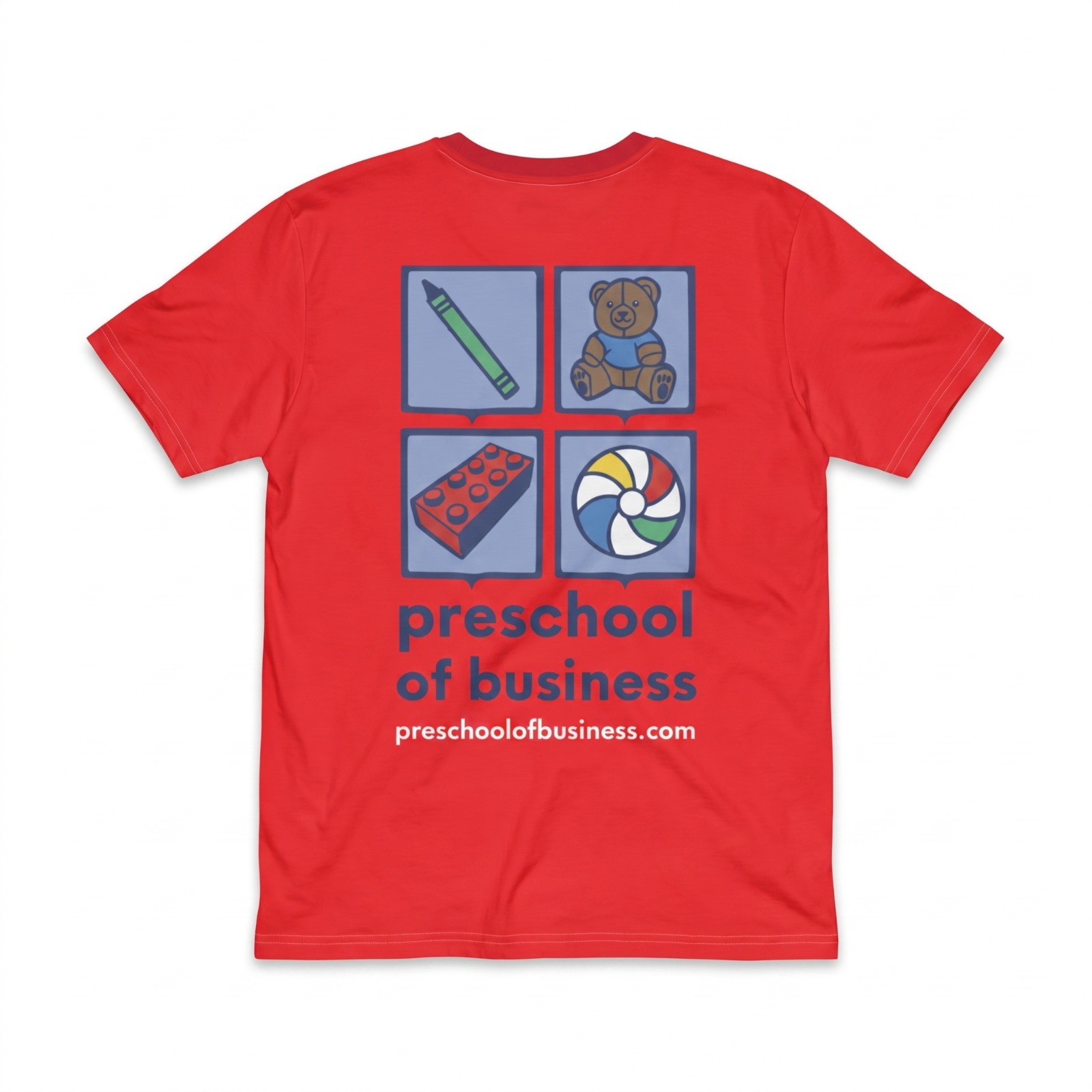 Block All-Over Print T-Shirt, back view with Preschool of Business logo