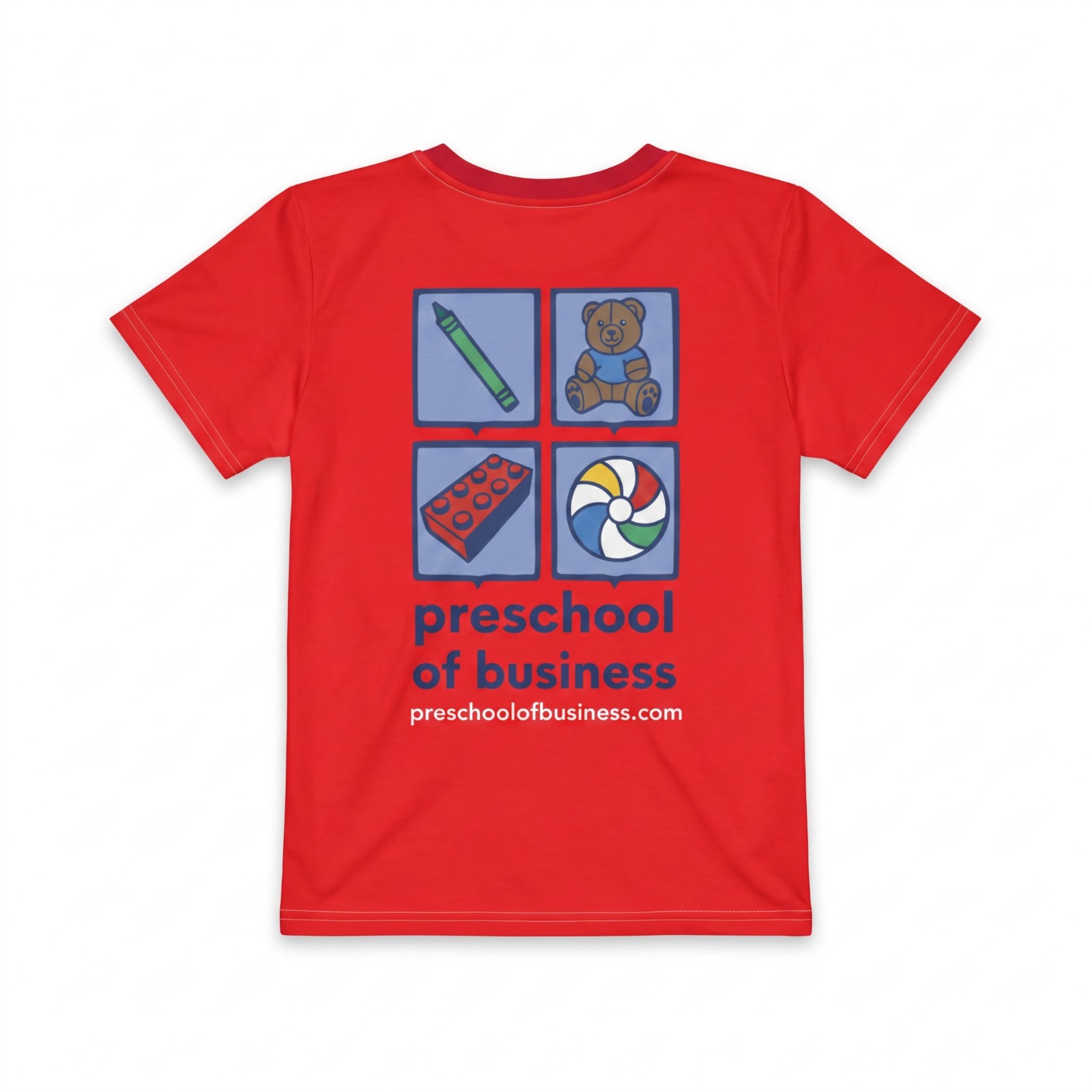 Kids Block Crew Neck T-Shirt, back view with Preschool of Business logo